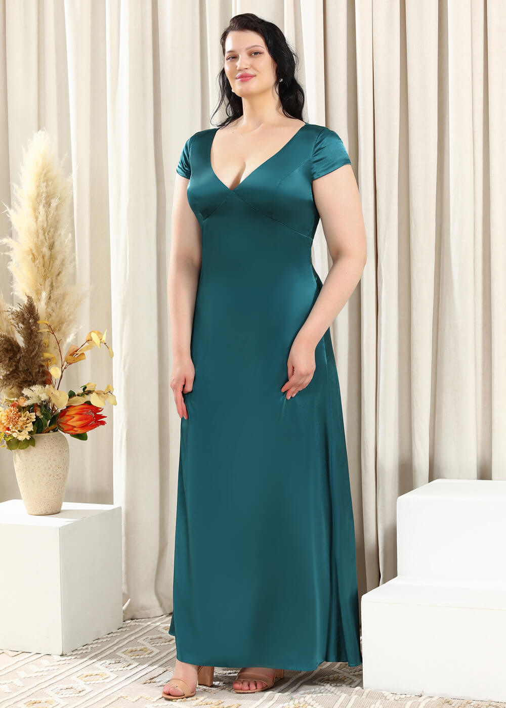 Deep V-neck A-line Key Hole Back Long Satin Bridesmaid Dress