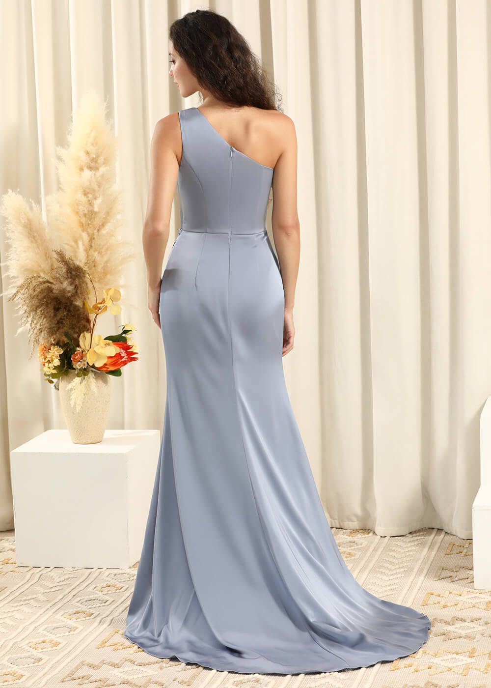 One Shoulder Pleated Satin Sheath Split Bridesmaid Dress