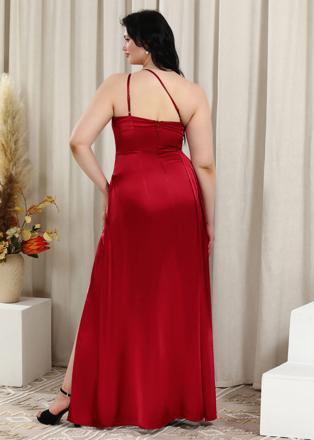 One Shoulder Sheath Satin Leg Slit Long Bridesmaid Dress