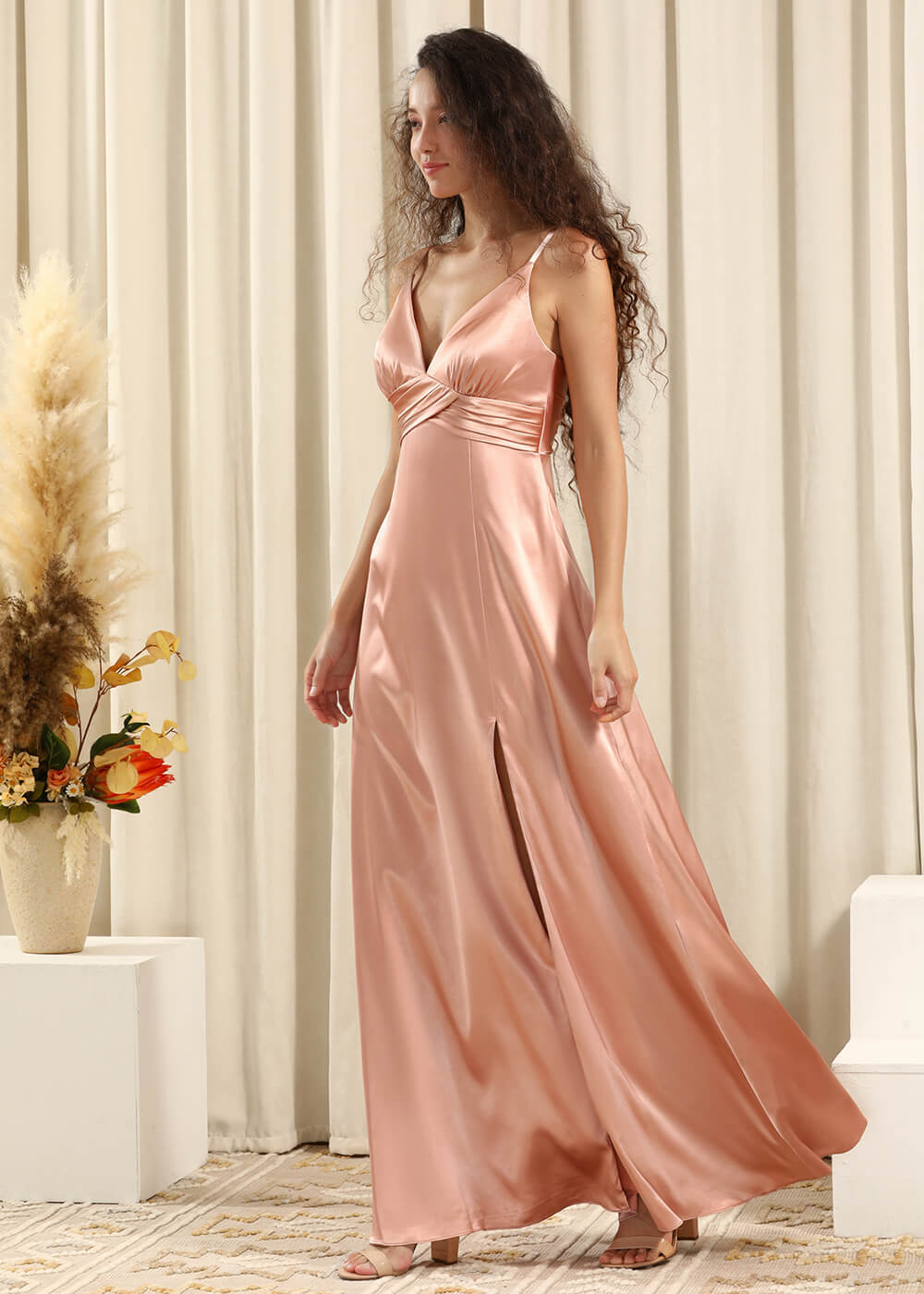 V-neck Adjuastable Spaghetti Strap Satin A-line Split Bridesmaid Dress