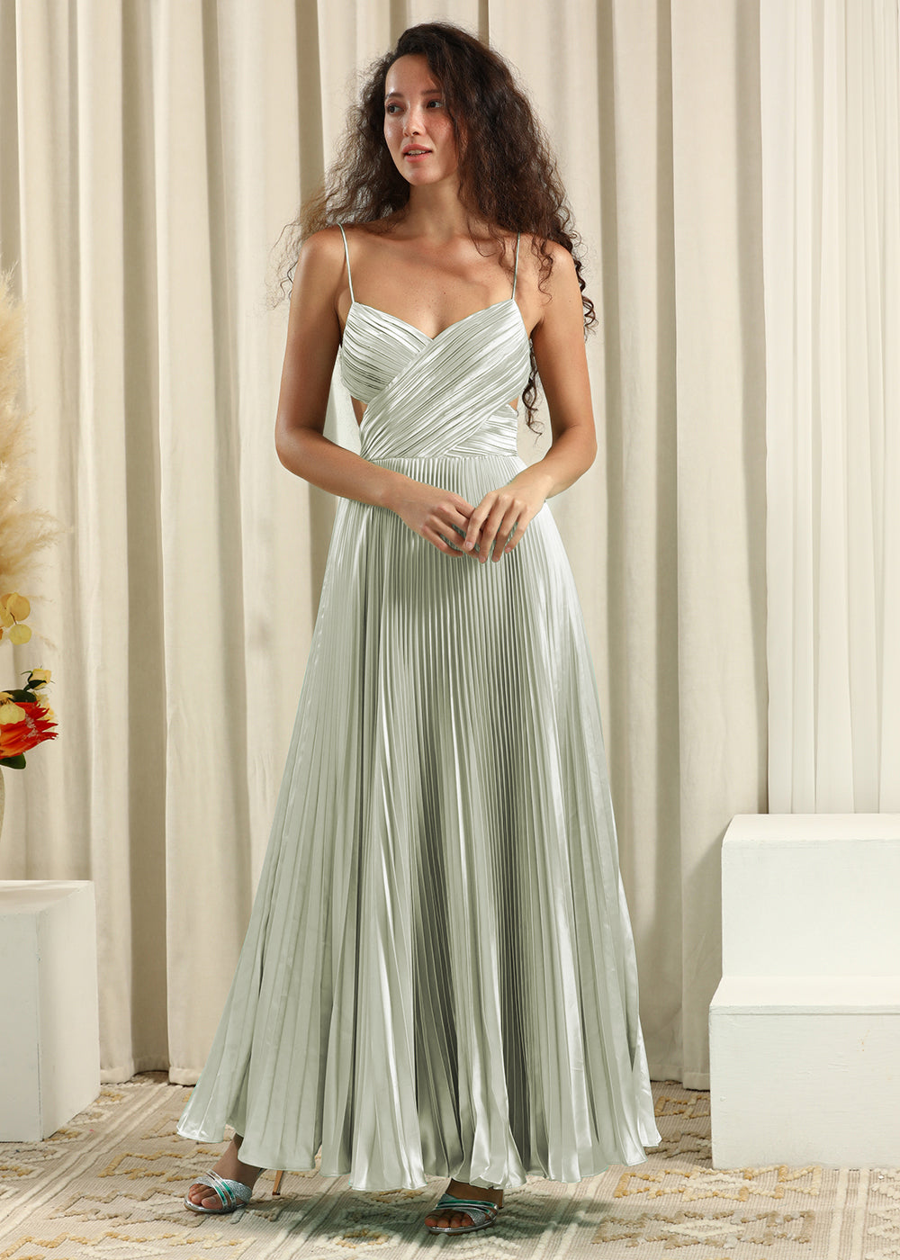 Pleated Satin V-neck Spaghetti Strap A-line Bridesmaid Dress