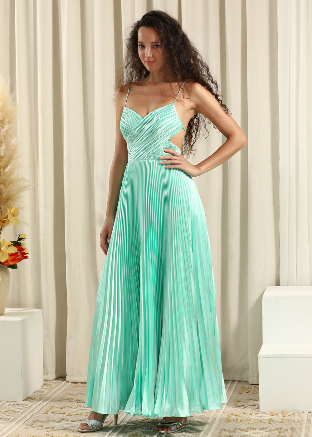 Pleated Satin V-neck Spaghetti Strap A-line Bridesmaid Dress