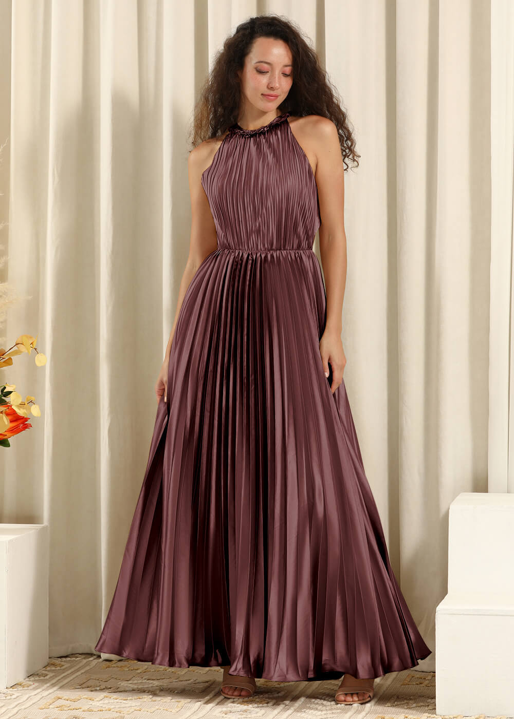 Pleated Satin Halter Neck Open Back A-line Bridesmaid Dress