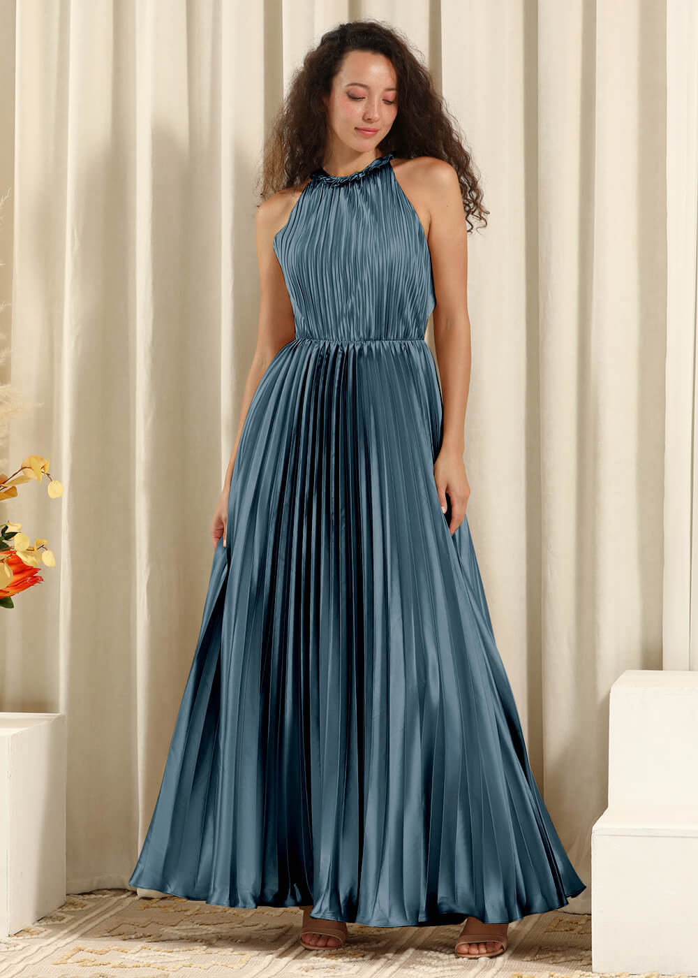 Pleated Satin Halter Neck Open Back A-line Bridesmaid Dress