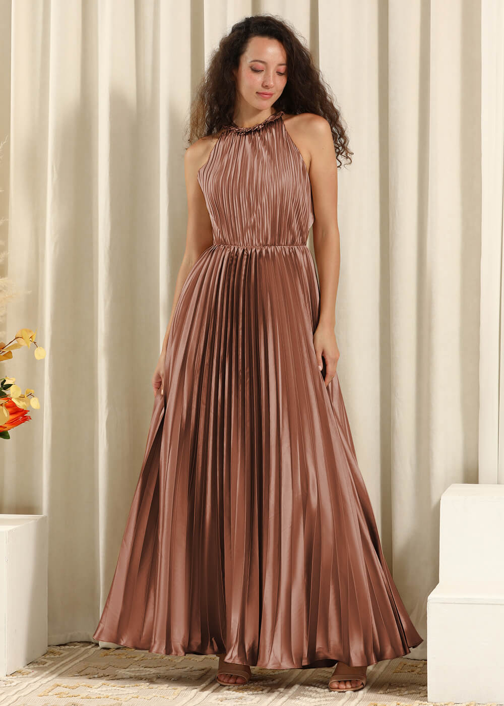 Pleated Satin Halter Neck Open Back A-line Bridesmaid Dress