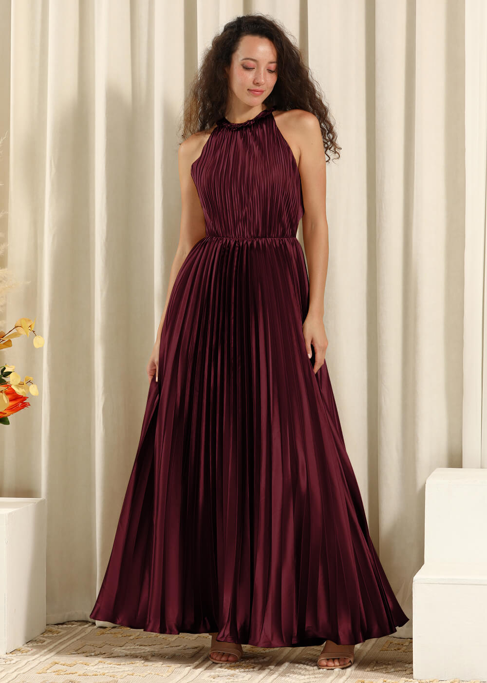 Pleated Satin Halter Neck Open Back A-line Bridesmaid Dress