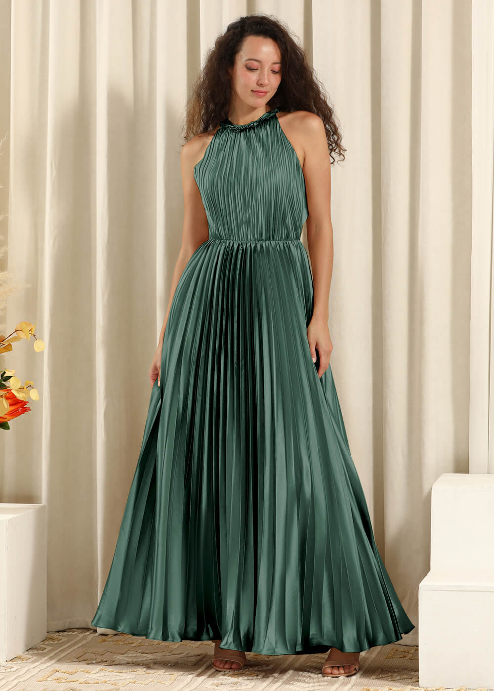 Pleated Satin Halter Neck Open Back A-line Bridesmaid Dress