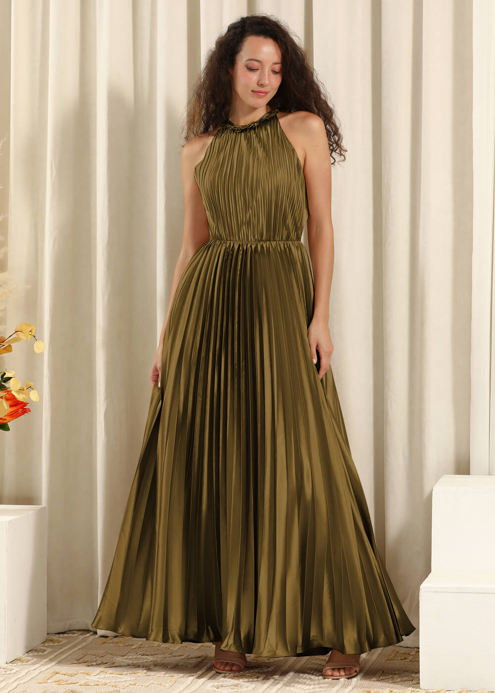 Pleated Satin Halter Neck Open Back A-line Bridesmaid Dress