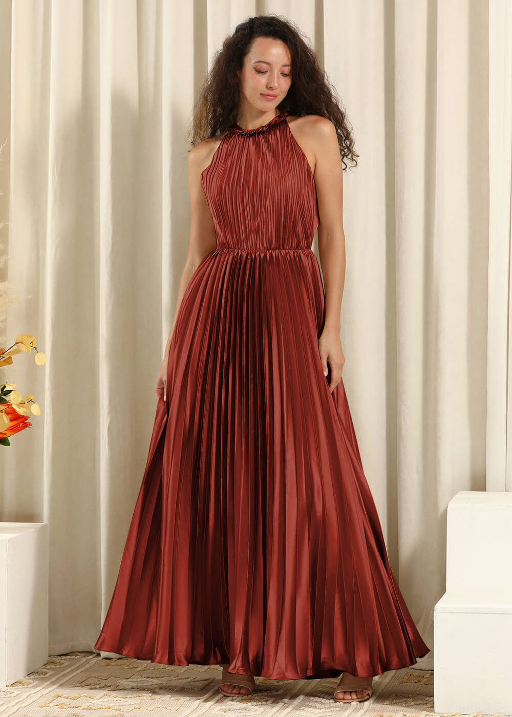 Pleated Satin Halter Neck Open Back A-line Bridesmaid Dress