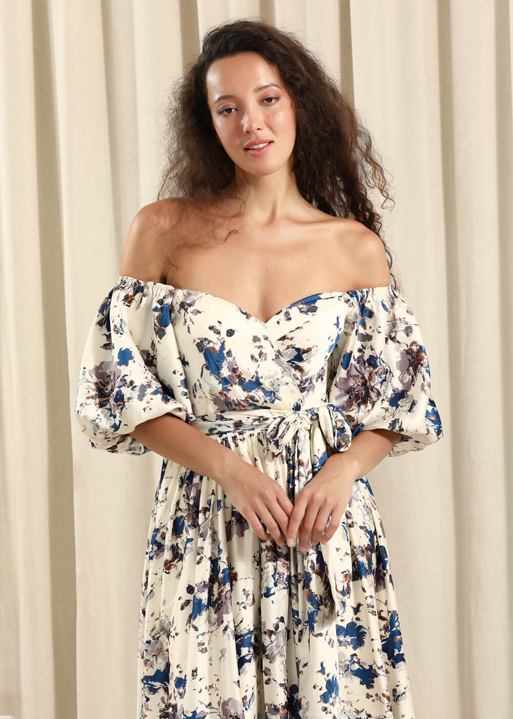 Flower Printing Convertible Puff Sleeve A-line Satin Bridesmaid Dress