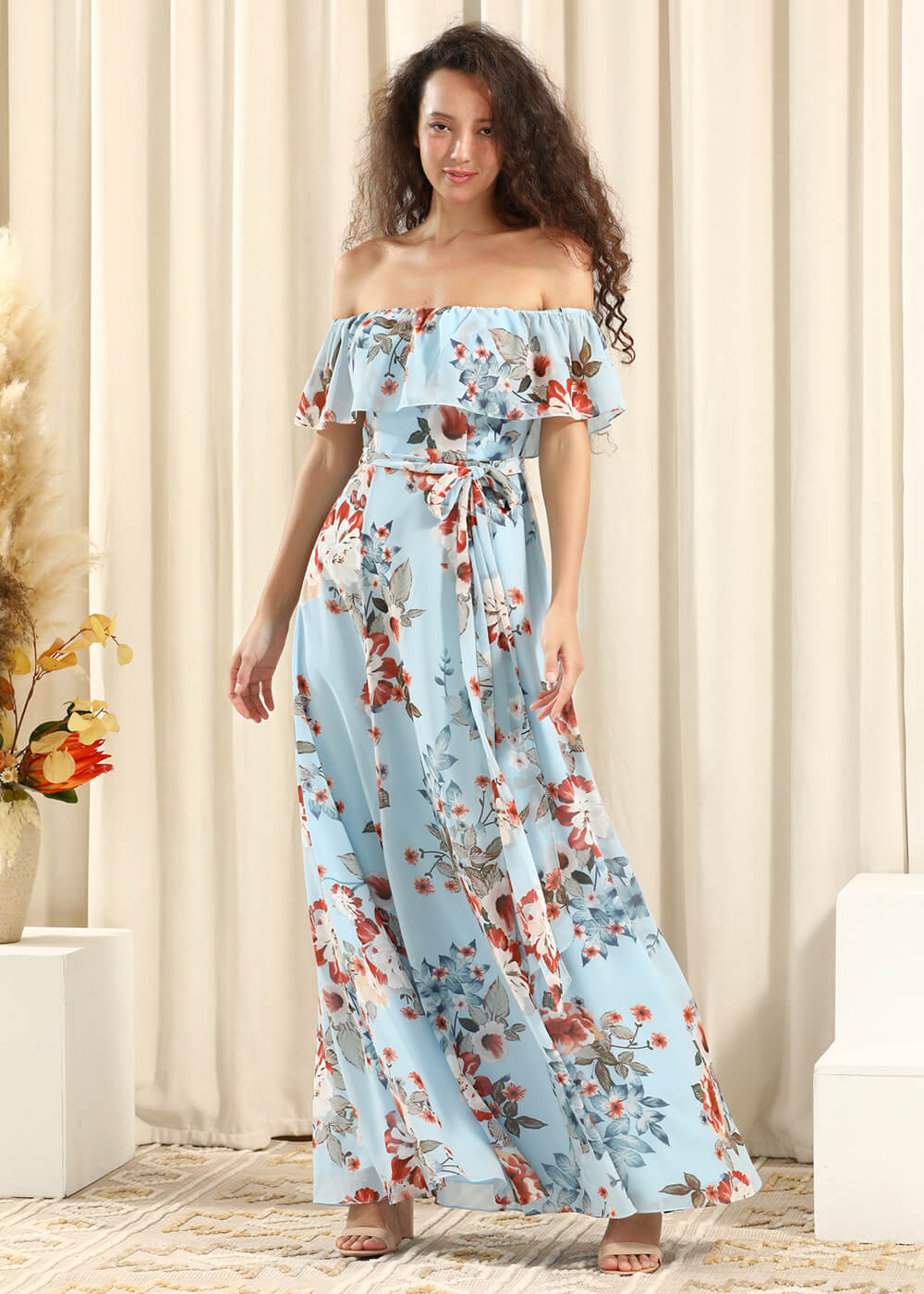 Blue Flower Printing Off the Shoulder A-line Slit Long Chiffon Bridesmaid Dress