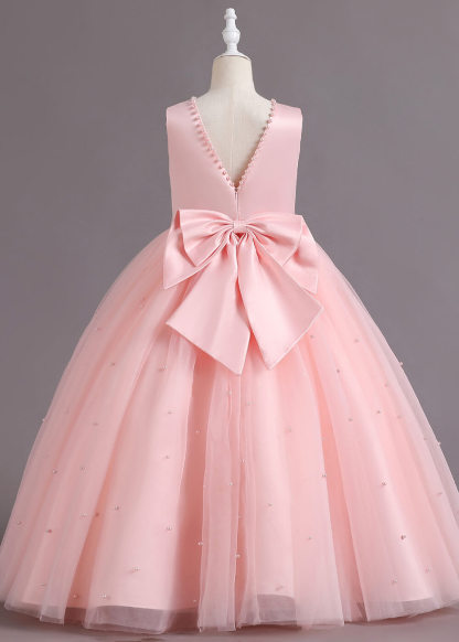 V-neck Tulle and Satin A-line Pearl Applicated Flower Girl Dress with Bow