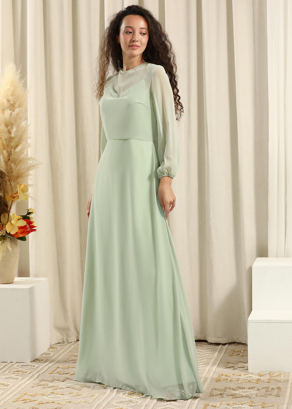 Long Sleeve A-line Chiffon Keyhole Back Bridesmaid Dress
