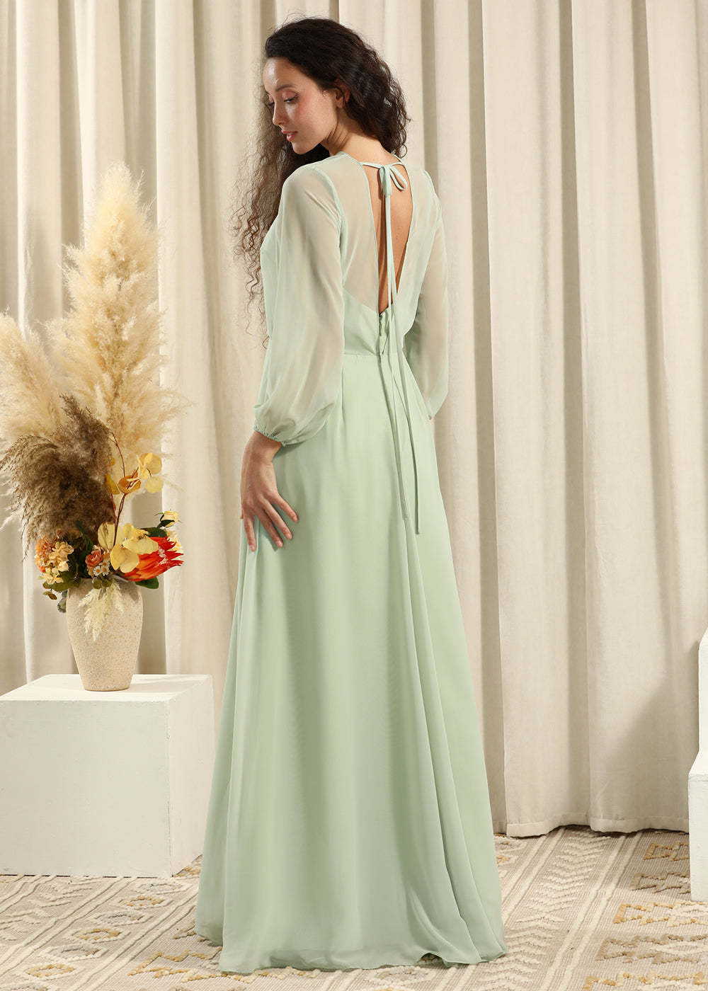 Long Sleeve A-line Chiffon Keyhole Back Bridesmaid Dress