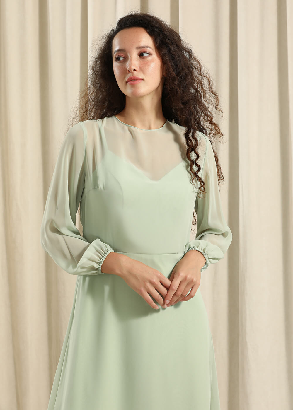 Long Sleeve A-line Chiffon Keyhole Back Bridesmaid Dress