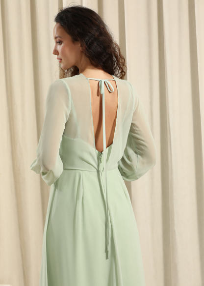 Long Sleeve A-line Chiffon Keyhole Back Bridesmaid Dress