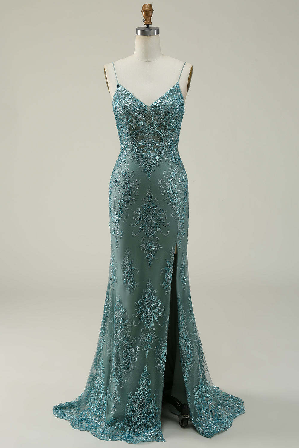 Leely Women Green Long Prom Dress Mermaid Spaghetti Straps Formal Dress with Split Front