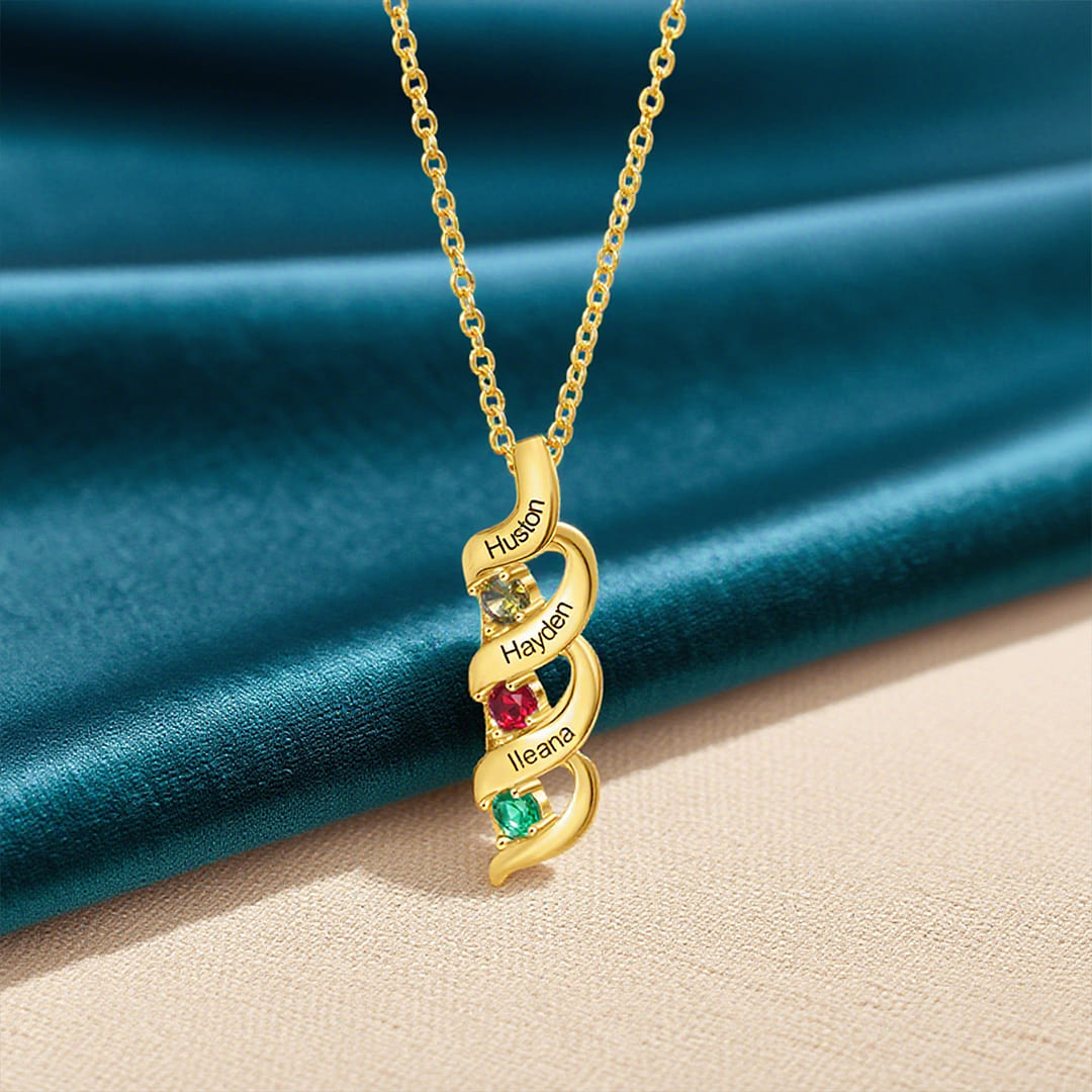 Personalized Birthstones Necklace Set With Rose Gift Box-Custom 1-10 Names & 4 Birthstones Pendant Necklace Gifts for Her | Jessemade