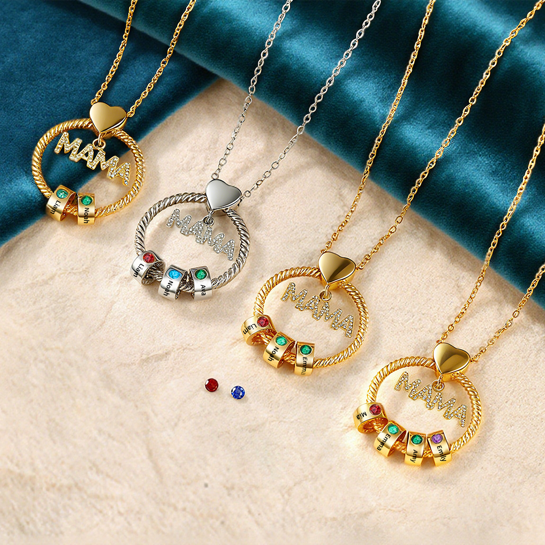 1-6 Name-Personalized Mama Circle Necklace With 1 Birthstone Pendant Engraved Names Gift For Mama