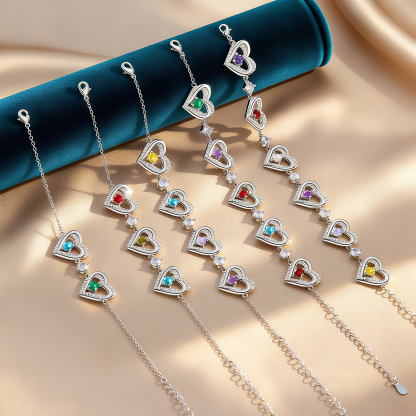 2-6 Birthstones - Elegant Personalized Jewelry Gift for Mother’s Day - Custom Women’s Heart Bracelet with Birthstones 