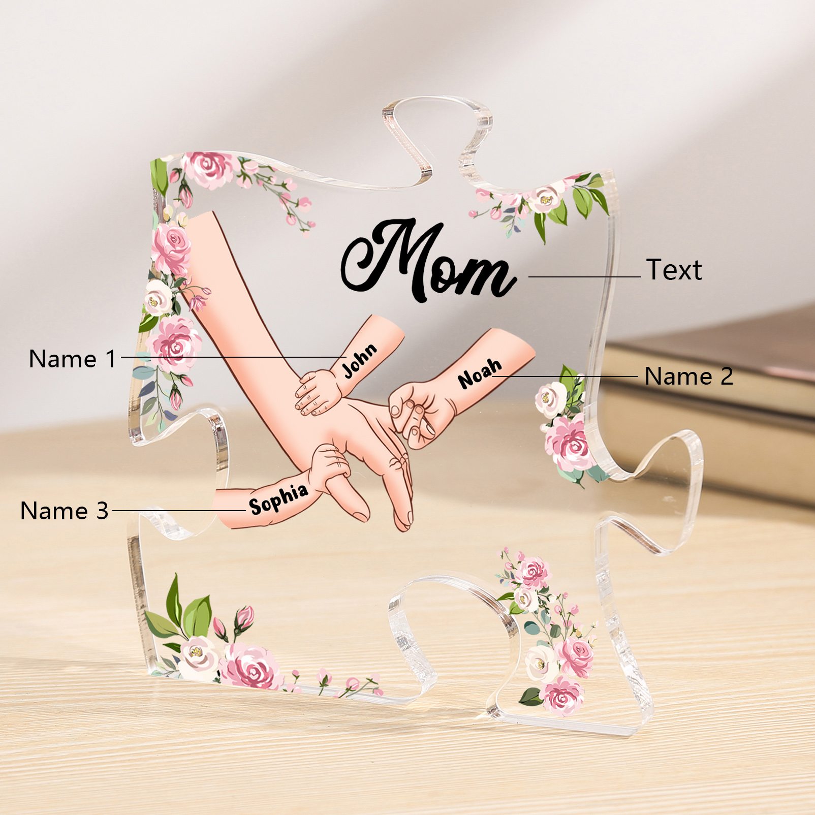 3 Name - Personalized Acrylic Heart Keepsake Customized Name Holding Hands Acrylic Plaque Ornament Mother's Day Gift for Mom