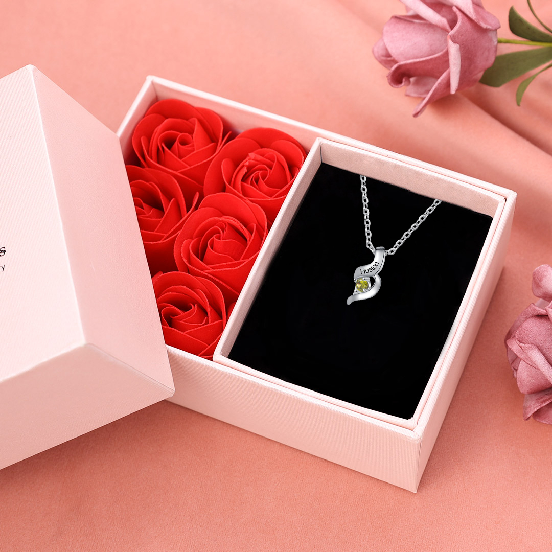 1 Name-Personalized Birthstones Necklace Set With Rose Gift Box-Custom Cascading Pendant Necklace Engraving 1 Name Gifts for Her