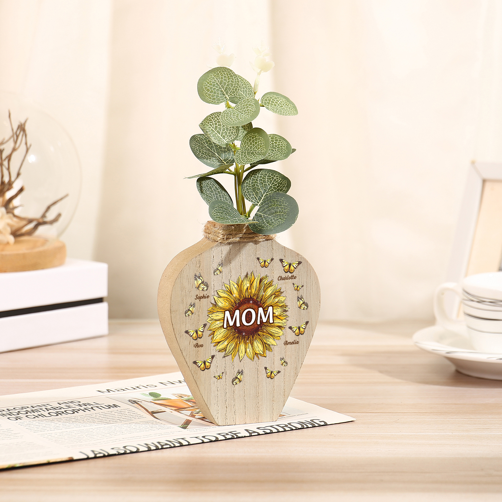 4 Names - Personalized Custom Text and Name Butterfly Style Wooden Decorative Vase as a Gift for Mom