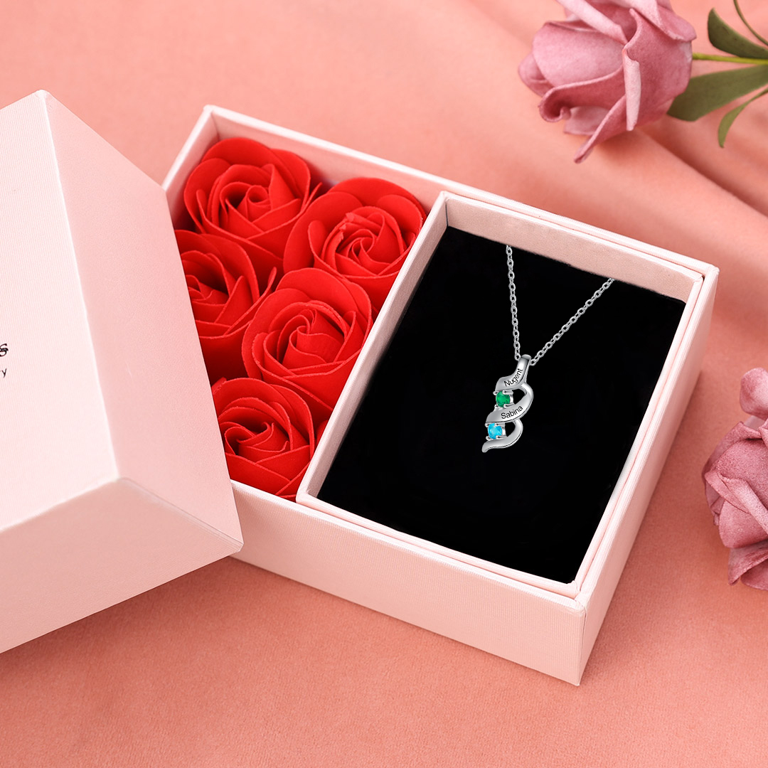 2 Names-Personalized Birthstones Necklace Set With Rose Gift Box-Custom Cascading Pendant Necklace Engraving 2 Names Gifts for Her