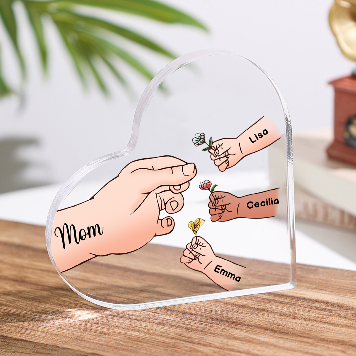 Personalized Heart Shaped Acrylic Plaque Family Tree - with 1-7 names & flowers - Gift for Mom