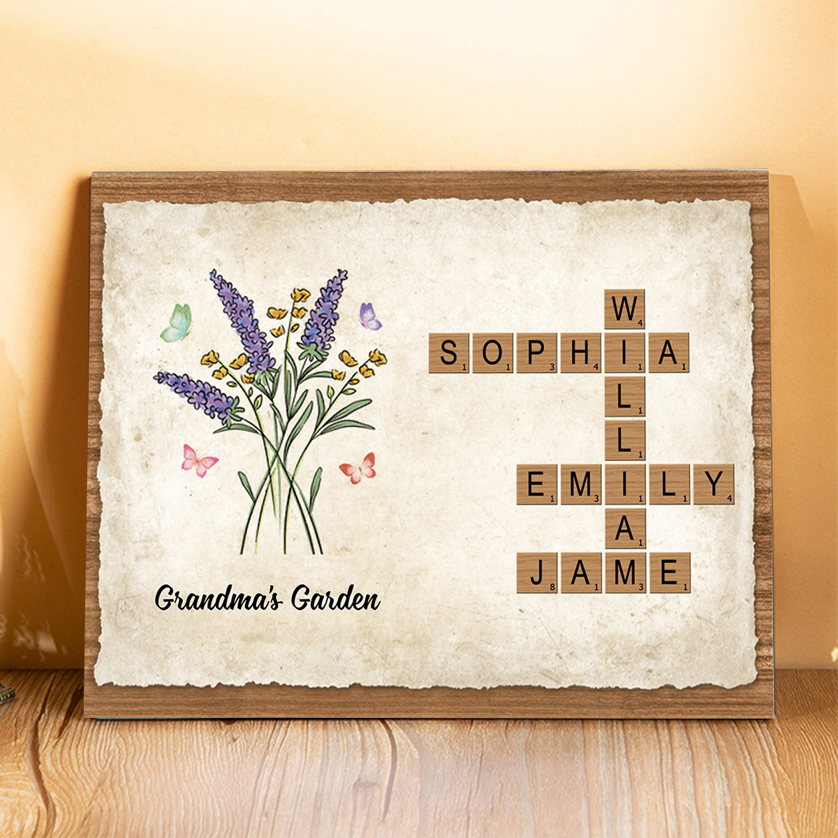 Personalized Wooden Scrabble Name Art – Birth Flowers – Grandma’s Garden Gift for Mother’s Day