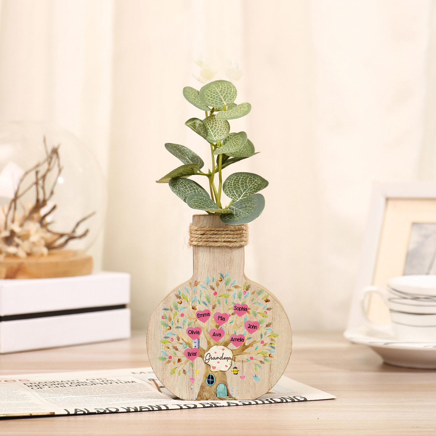 8 Names - Personalized Custom Text and Name Family Tree Wooden Decorat