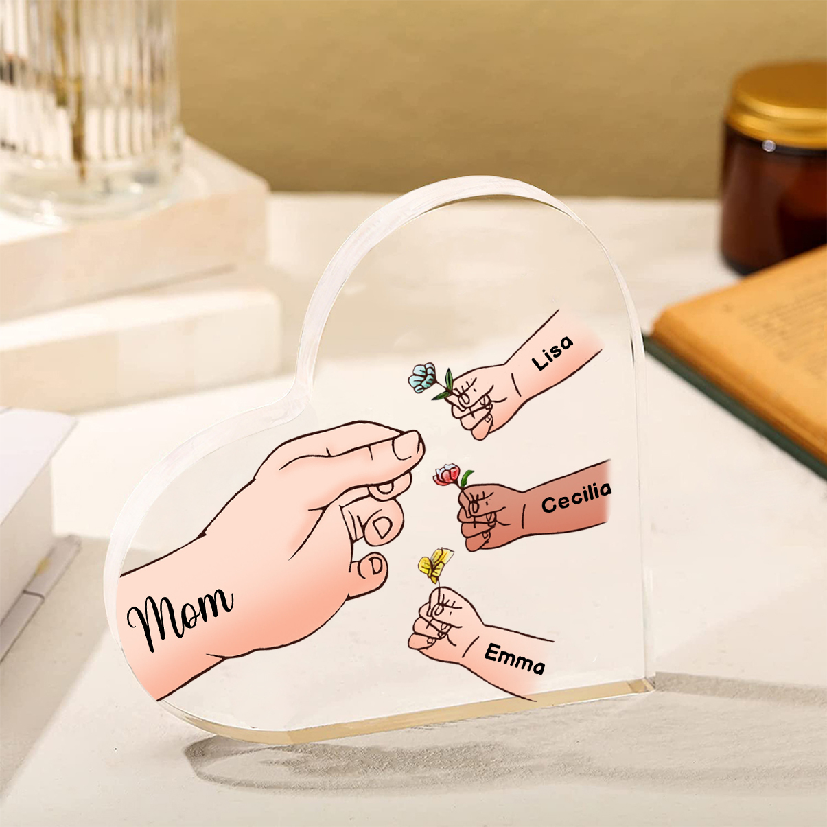 Personalized Heart Shaped Acrylic Plaque Family Tree - with 1-7 names & flowers - Gift for Mom