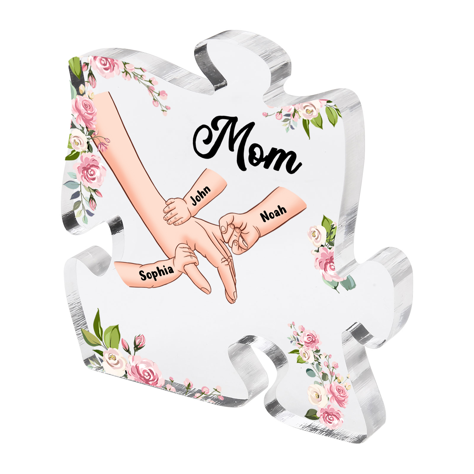3 Name - Personalized Acrylic Heart Keepsake Customized Name Holding Hands Acrylic Plaque Ornament Mother's Day Gift for Mom