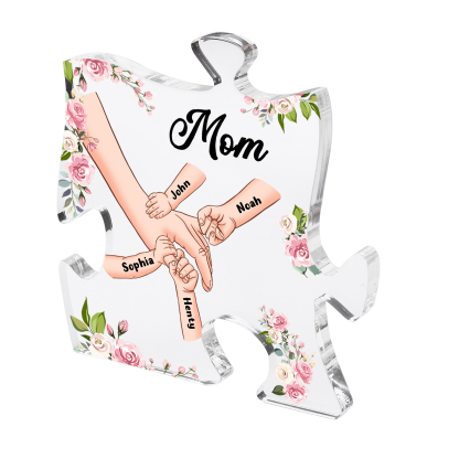 4 Name - Personalized Acrylic Heart Keepsake Customized Name Holding Hands Acrylic Plaque Ornament Mother's Day Gift for Mom