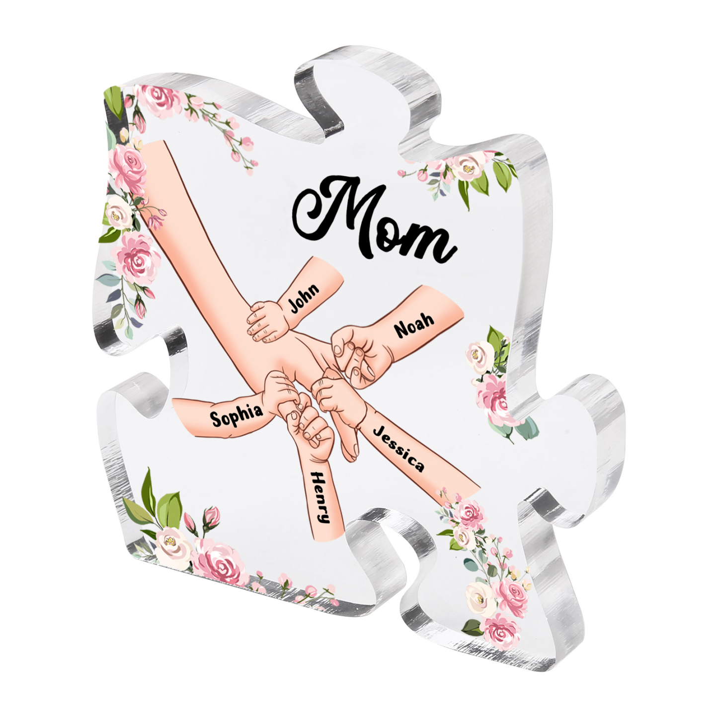 5 Name - Personalized Acrylic Heart Keepsake Customized Name Holding Hands Acrylic Plaque Ornament Mother's Day Gift for Mom