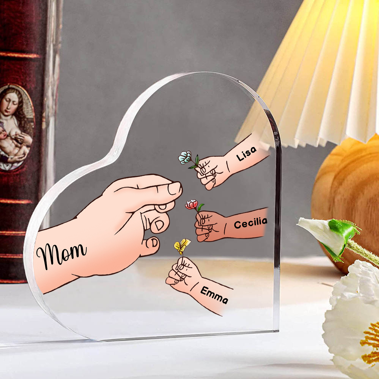 Personalized Heart Shaped Acrylic Plaque Family Tree - with 1-7 names & flowers - Gift for Mom