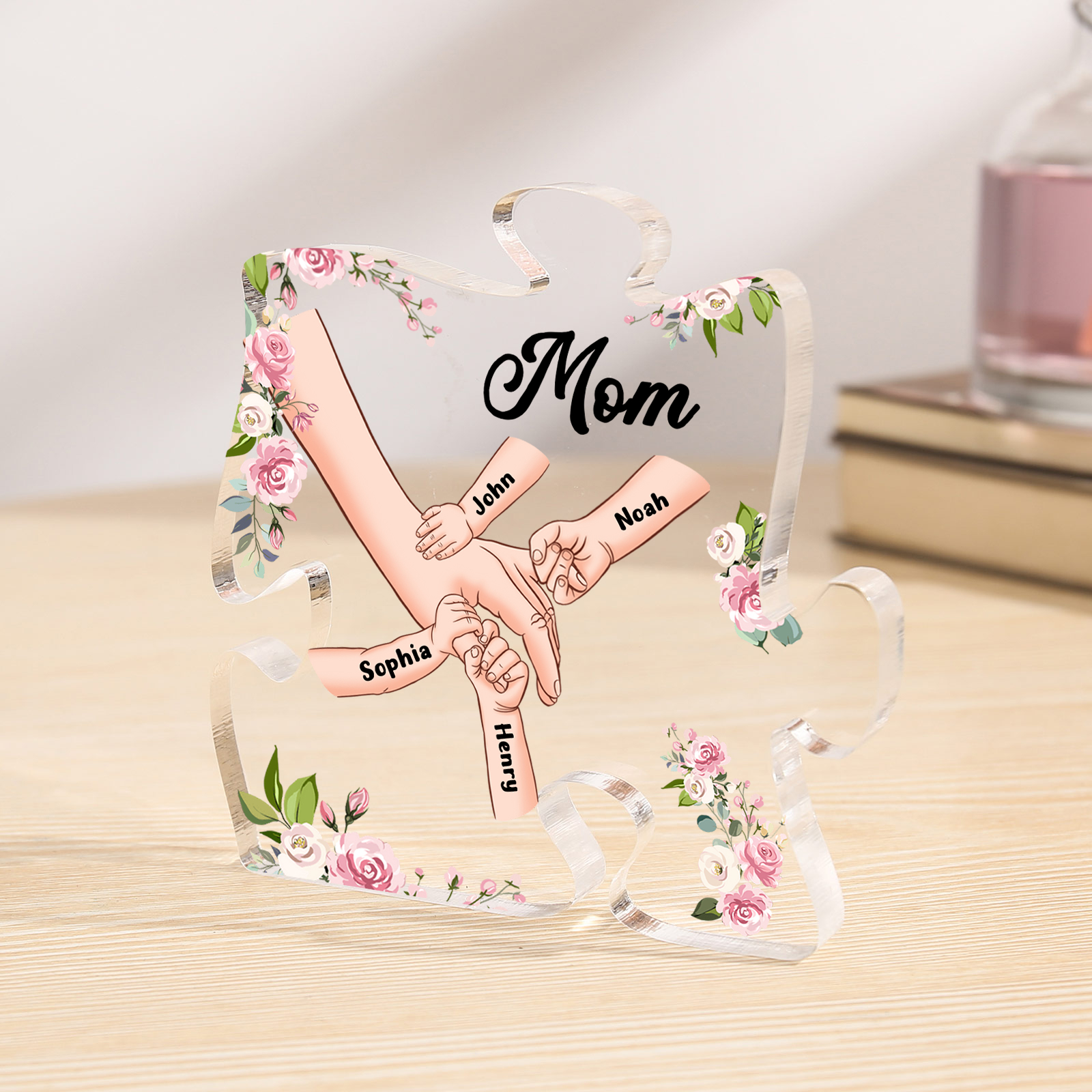 4 Name - Personalized Acrylic Heart Keepsake Customized Name Holding Hands Acrylic Plaque Ornament Mother's Day Gift for Mom