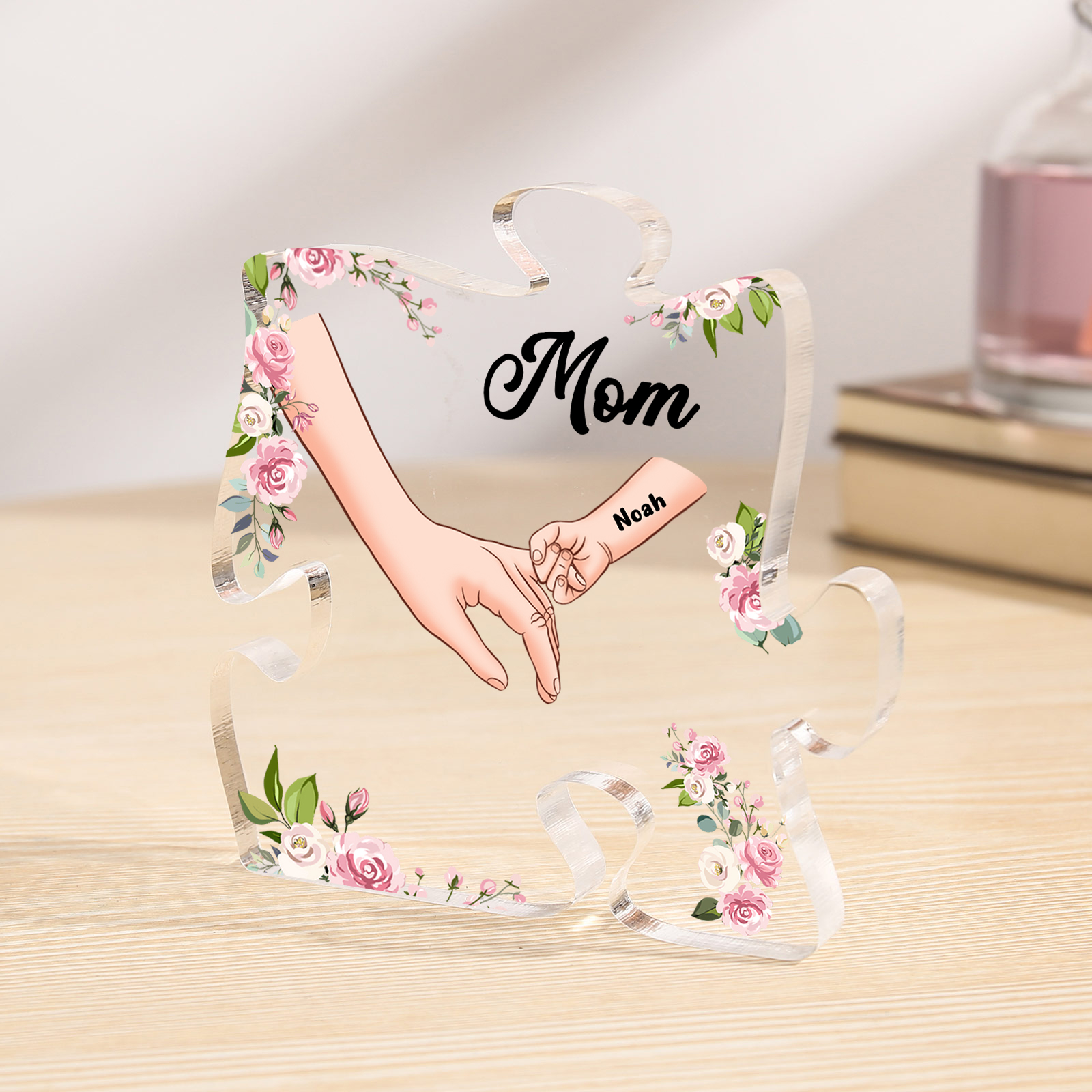 1 Name - Personalized Acrylic Heart Keepsake Customized Name Holding Hands Acrylic Plaque Ornament Mother's Day Gift for Mom