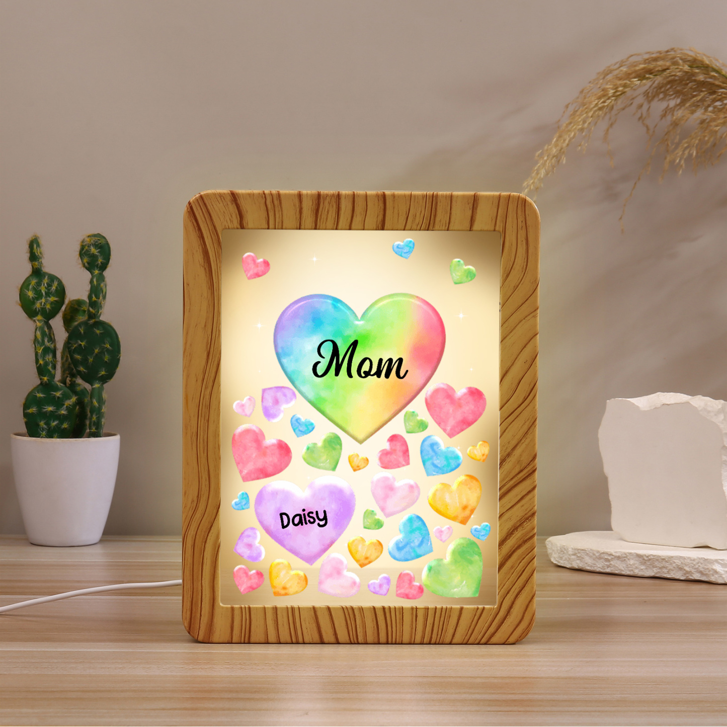 1 Name - Personalized Mom Home Wood Color Plug-in Mirror Photo Frame Custom Text LED Night Light Gift for Mom