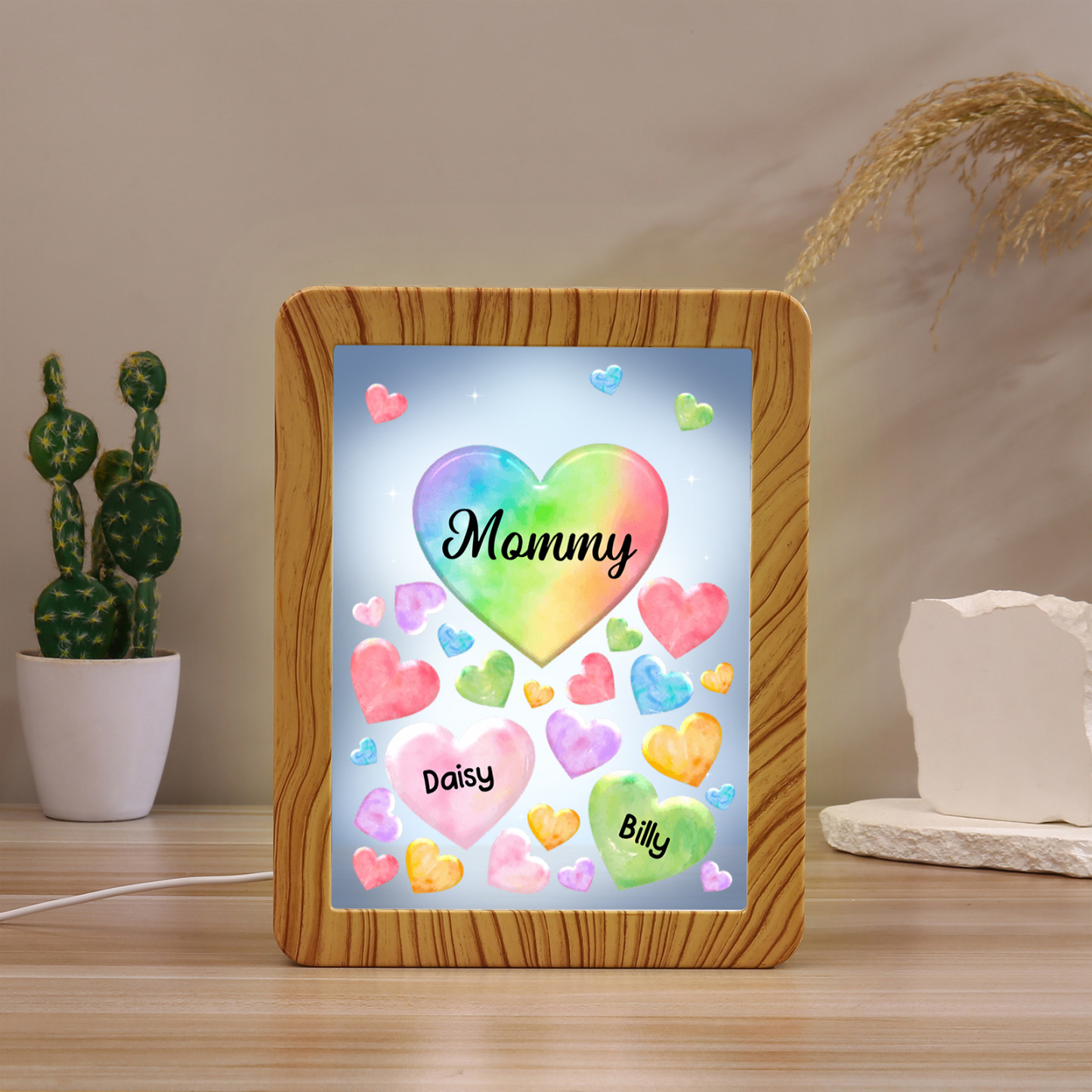 2 Names - Personalized Mom Home Wood Color Plug-in Mirror Photo Frame Custom Text LED Night Light Gift for Mom