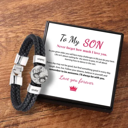 Personalized Photo Bracelet with 2 Names Leather Bracelet Beaded Wrap Bracelet Valentine's gift for Him | Jessemade