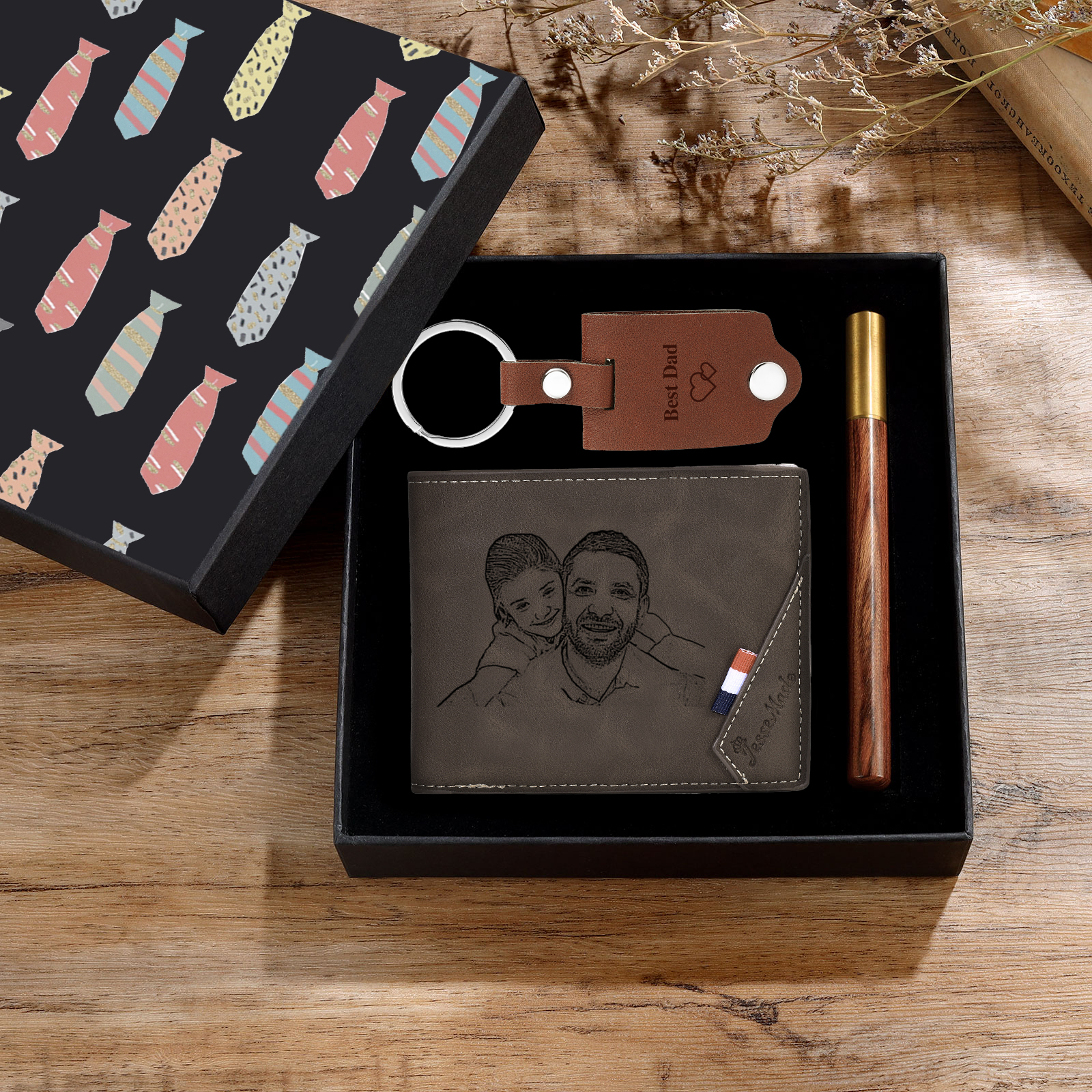 Personalized Leather Wallet Gift Box Set with Keychain Customizable Photo,Text ,Name and Letter Wallet Gift for Him
