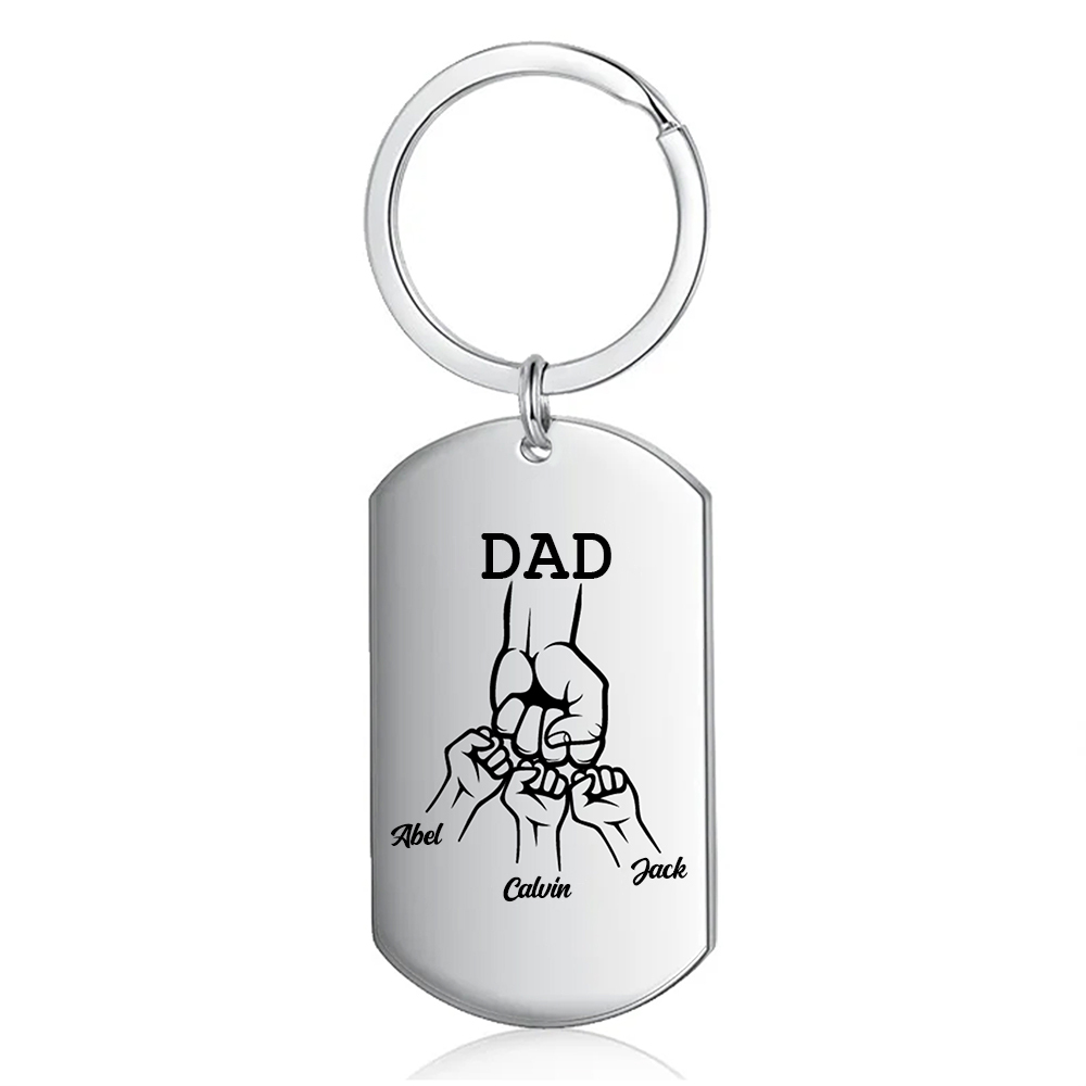 3 Names - Personalized Fist Pendant Keychain Gift Set - Customized Photo Special Gift for Dad