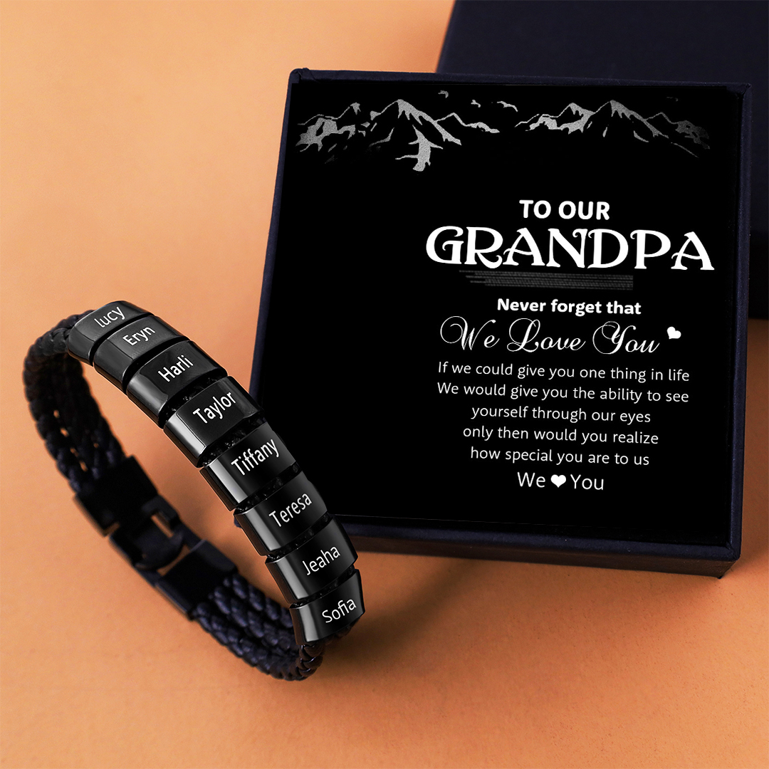 Personalized Braided Leather Bracelet Engraved 8 Names Men's Bracelet Gifts For Him