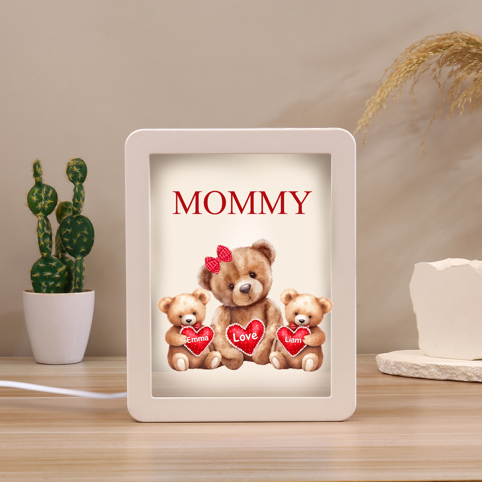 2 Names - Personalized Mom Home Bear Style Custom Text LED Night Light Gift for Mum