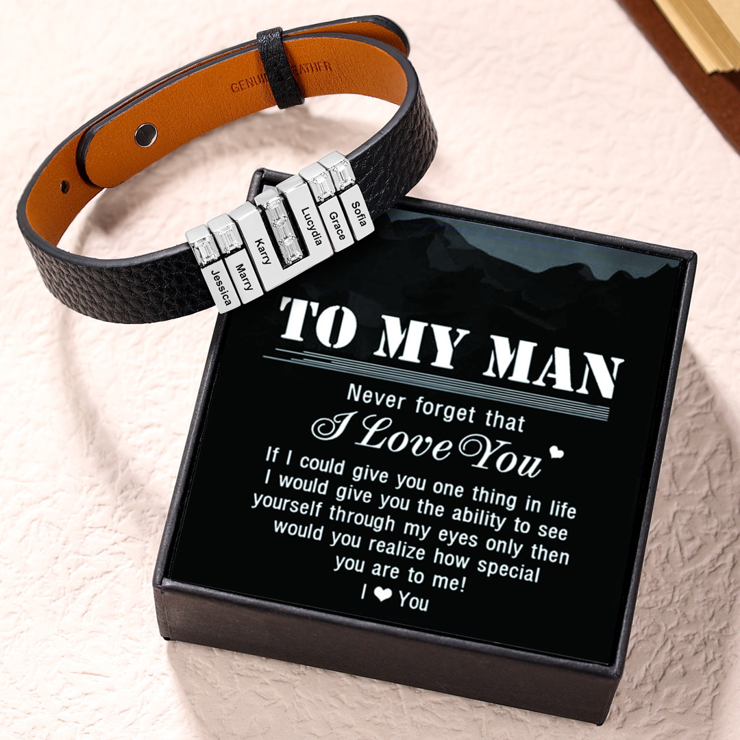 Customized Leather Bracelet with Beads Engraved 4 Names Bangle for Him