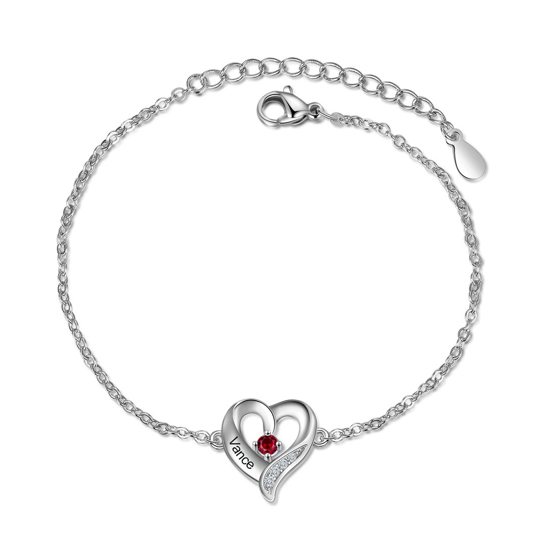 1 Name-Personalized Heart Bracelet With 1 Birthstone Engraved Name Bangle For Her