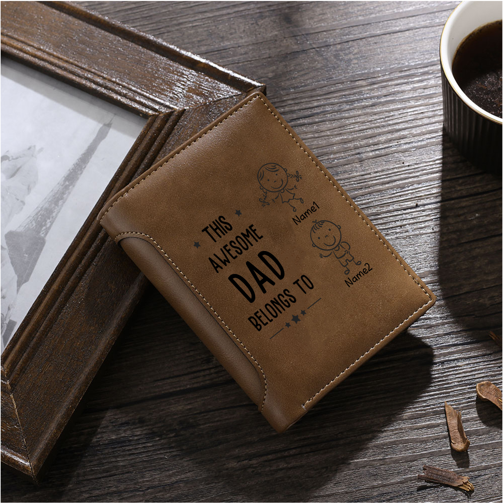 2 Names-Personalized Doll Customized Leather Men's Wallet Customized Name Folding Brown Wallet for Dad