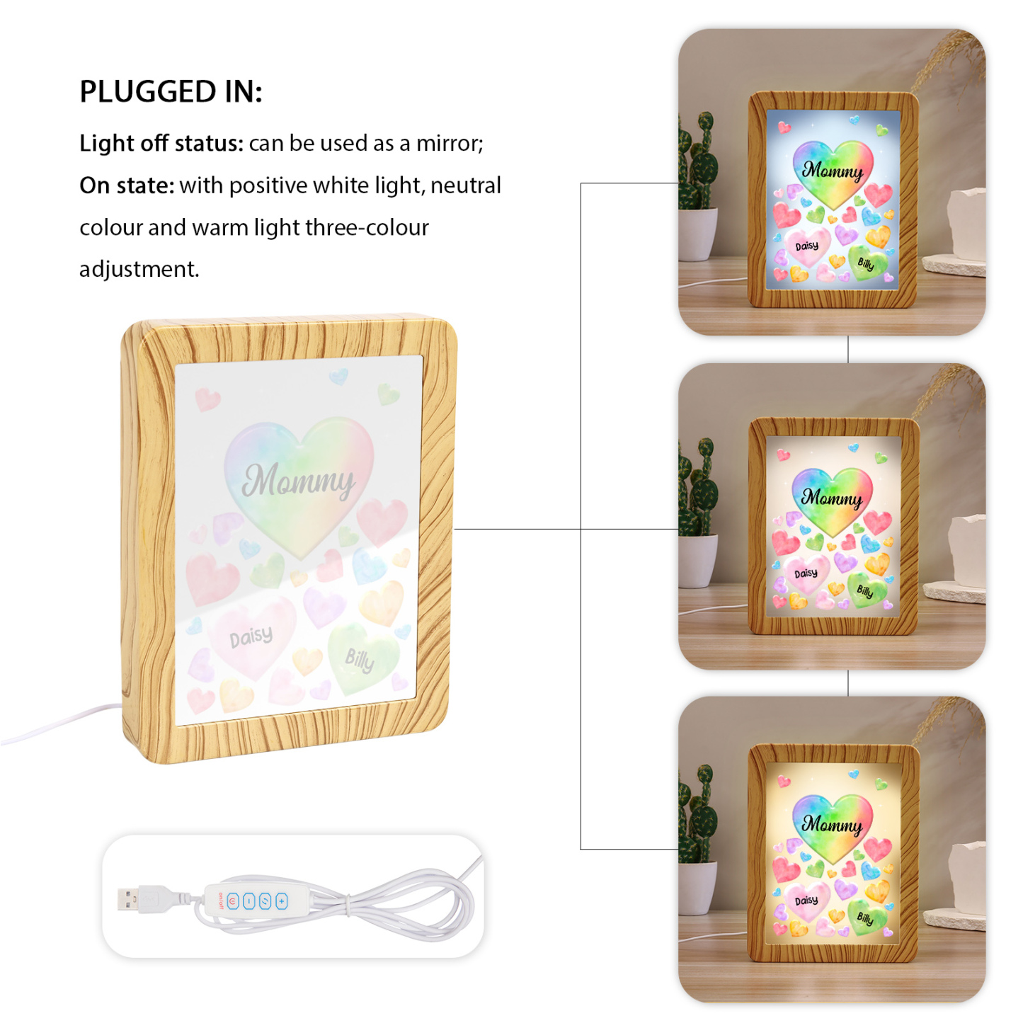 2 Names - Personalized Mom Home Wood Color Plug-in Mirror Photo Frame Custom Text LED Night Light Gift for Mom