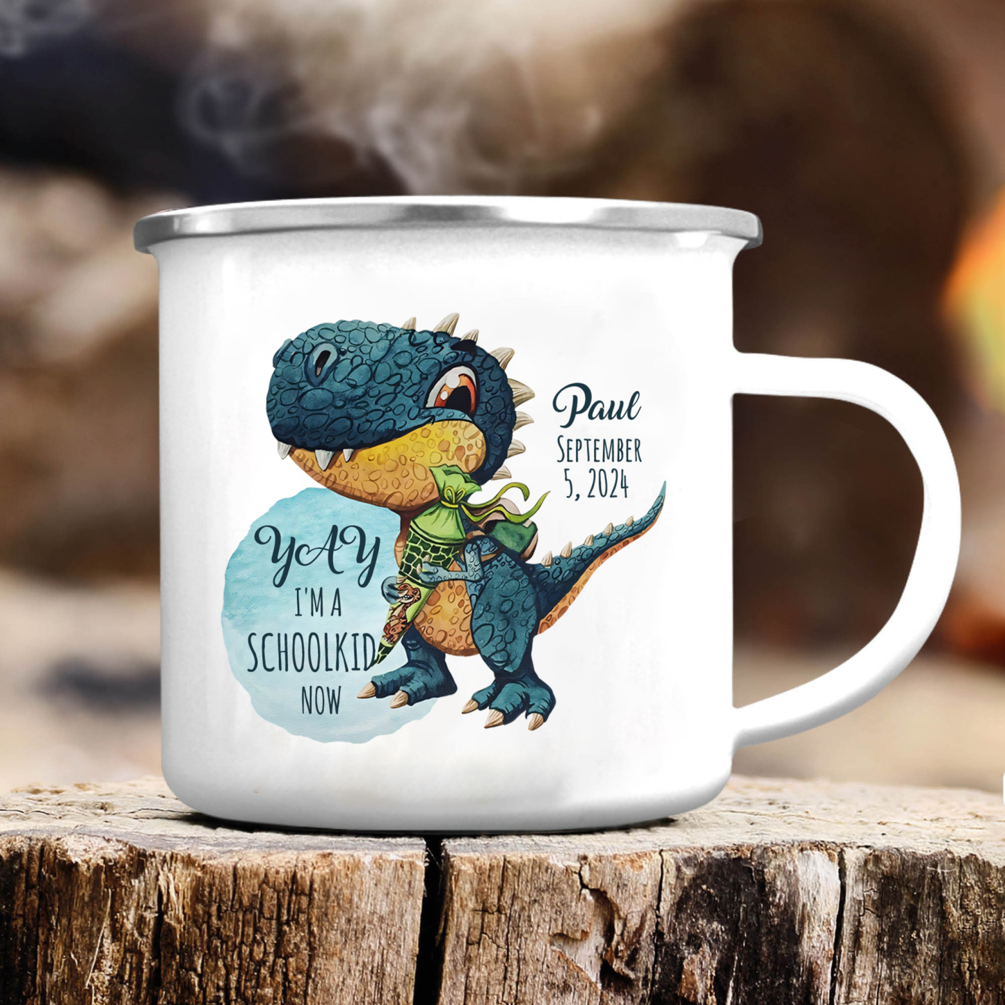 Back to School Gift Set -Personalized Gift Customized Name and Date Enamel Mug and Pueple Dinosaur Pencil Case and Dinosaur Bracelet Set - Gift for Kids